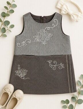 Koala Kids Brown Gray Embroidered Dress Girls Lined Floral Sleeveless Size 18M